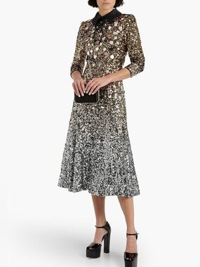 Badgley Mischka Collared Gold Silver Sequined Tulle Midi Dress Size 8